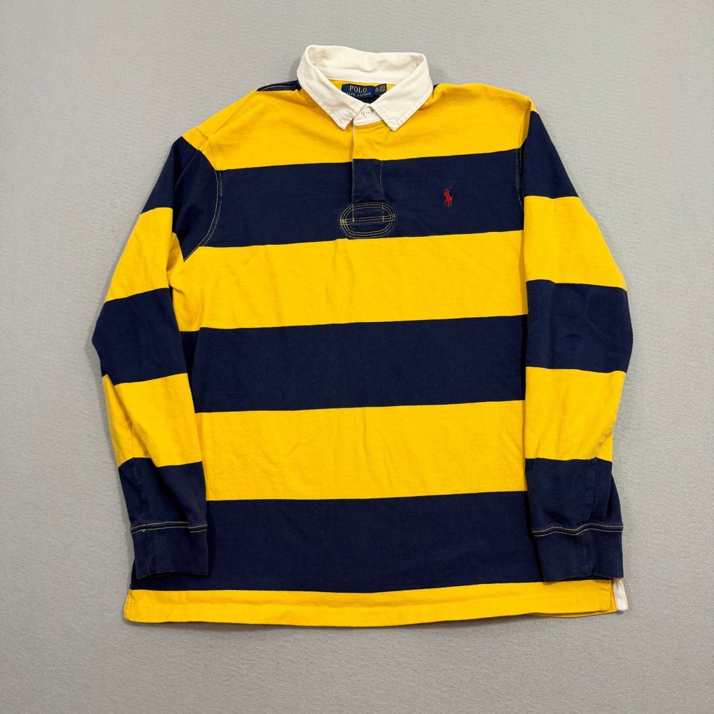 Polo Ralph Lauren Rugby Shirt Men 2XL Yellow Navy Blue Striped Long Sleeve Polo